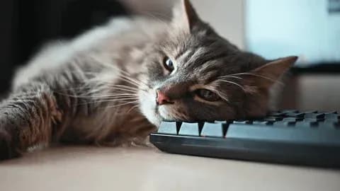 A fluffy gray cat is resting its head on a computer keyboard. The cat's eyes are closed or half-closed, and it appears to be very relaxed. The keyboard is black, and the background is blurred, suggesting a home or office setting.