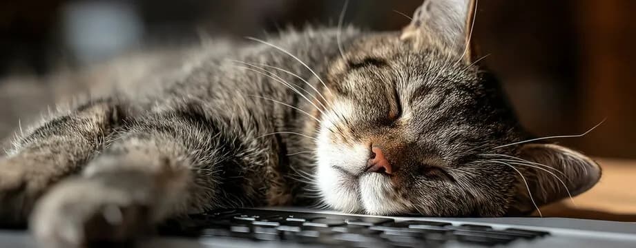 A close-up shot of a tabby cat sleeping peacefully on a keyboard. The cat's eyes are closed, and its fur is a mix of brown and gray. The lighting is soft, and the overall mood is calm and relaxing.