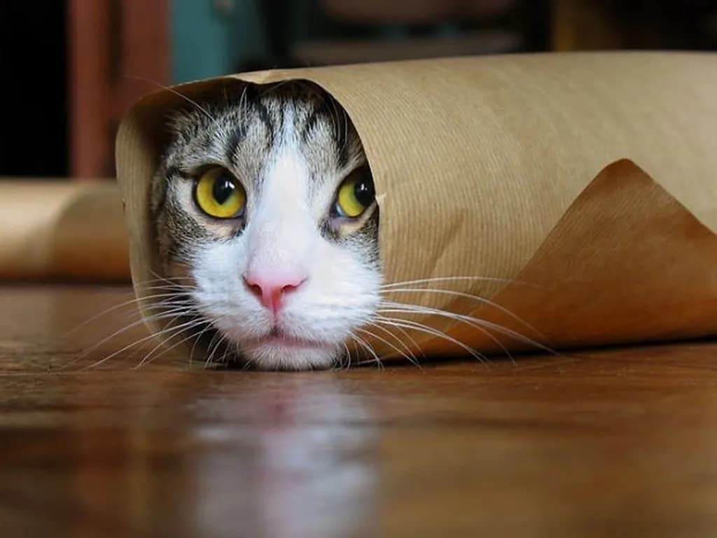 A playful cat peeks out from inside a rolled-up piece of brown paper, its bright yellow eyes wide with curiosity. The cat's head is the only visible part, creating a humorous and adorable scene. The warm wooden floor adds a cozy touch to this delightful moment, showcasing the cat's playful nature and love for exploration.