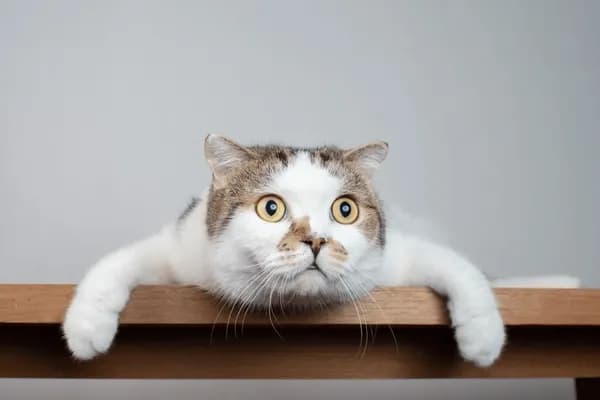 A fluffy cat with wide eyes is lying on a wooden table, its front paws hanging over the edge. The cat's expression is one of intense curiosity and surprise, as if it has just spotted something fascinating. The neutral background emphasizes the cat's adorable features, making it the center of attention. This image captures the playful and inquisitive nature of cats, inviting viewers to share in its wonder.