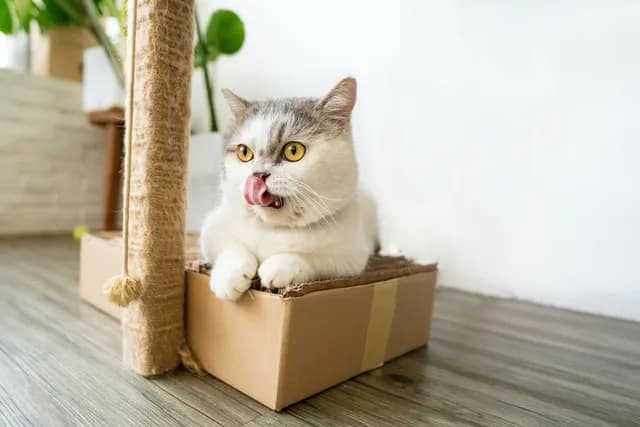 A cute white and gray cat is licking its lips while sitting on a cardboard box. The cat has yellow eyes and is in a room with a scratching post and a plant in the background. The cat looks happy and content.