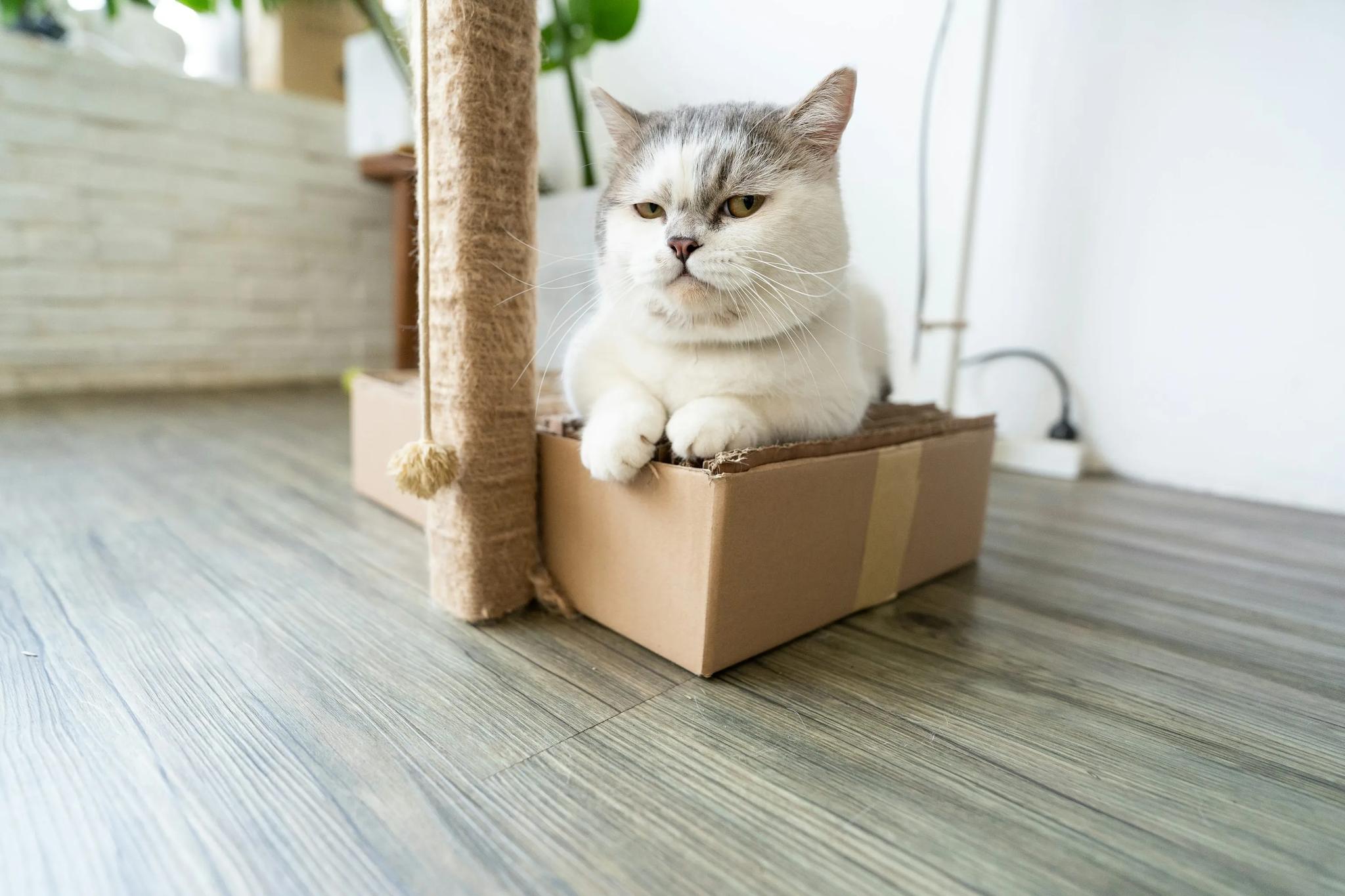 A fluffy cat is sitting in a cardboard box, looking content. The cat has grey and white fur and is resting on a wooden floor. A scratching post is next to the box. The background is a white wall.