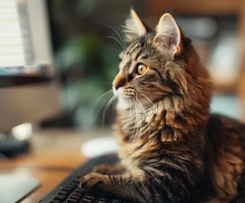 A beautiful fluffy cat is sitting on a keyboard, looking off to the side with a thoughtful expression. The cat has striking yellow eyes and a soft, brown and tan coat. The background is blurred, suggesting a home office setting.