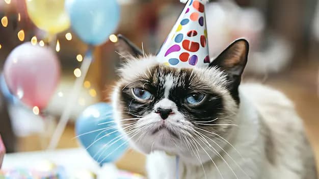 A grumpy-looking cat wearing a party hat, surrounded by balloons and festive decorations. The cat has a distinctive frown and piercing blue eyes, contrasting with the celebratory atmosphere. The background includes blurred lights, suggesting a party setting.