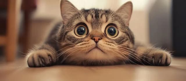 A cute tabby cat is lying flat on the floor, with its big, round eyes wide open, showcasing a curious and playful demeanor. Its paws are stretched out in front, giving it an adorable, stealthy appearance as it prepares to pounce or explore its surroundings. The warm lighting and cozy setting enhance the cat's charm, making it an irresistible sight for any cat lover.